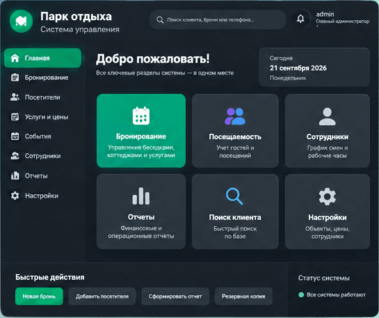 Обезличенный главный экран программы управления парком отдыха